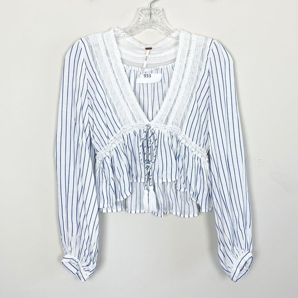 Free People | striped long sleeve crop top blue XS